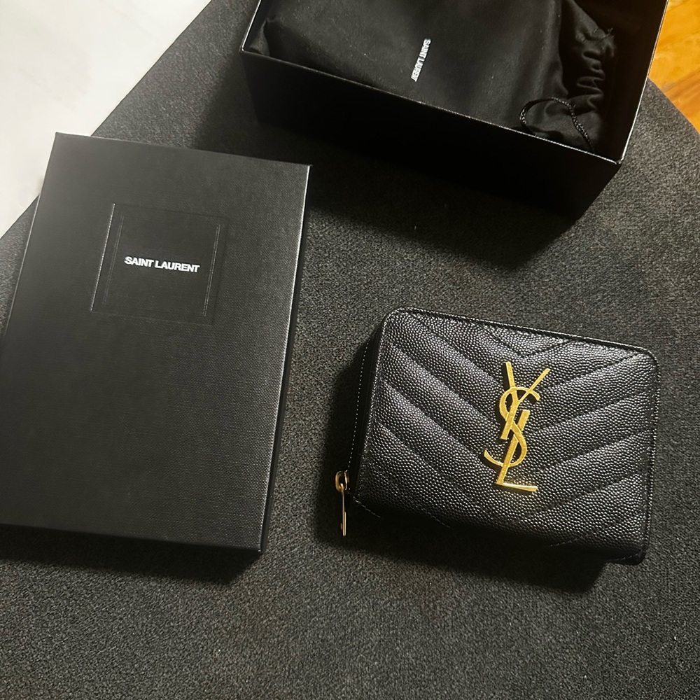 Saint Laurent Quilted Black Wallet with Gold YSL Emblem